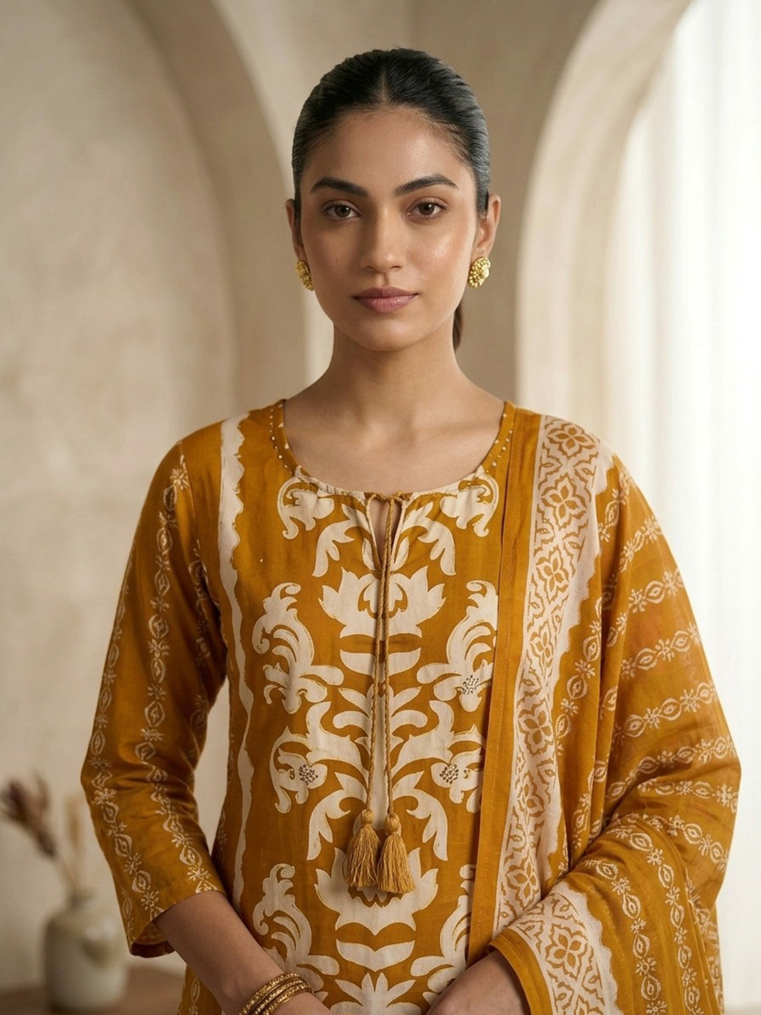 Yellow Printed Cotton Blend Kurta With Pant & Dupatta