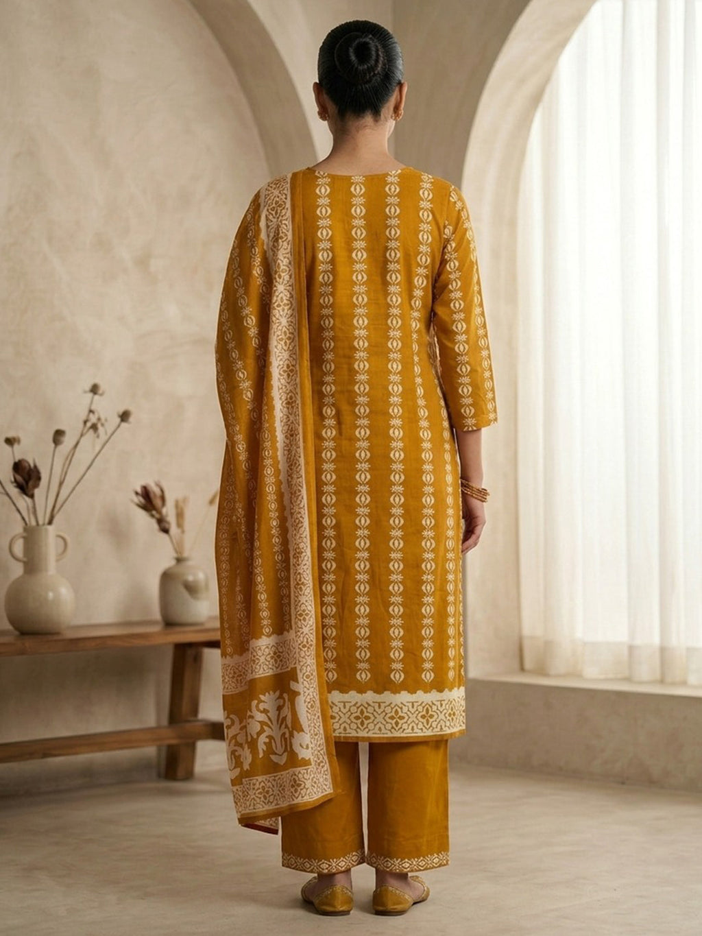 Yellow Printed Cotton Blend Kurta With Pant & Dupatta