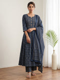 Blue Printed Cotton Blend Kurta With Pant & Dupatta