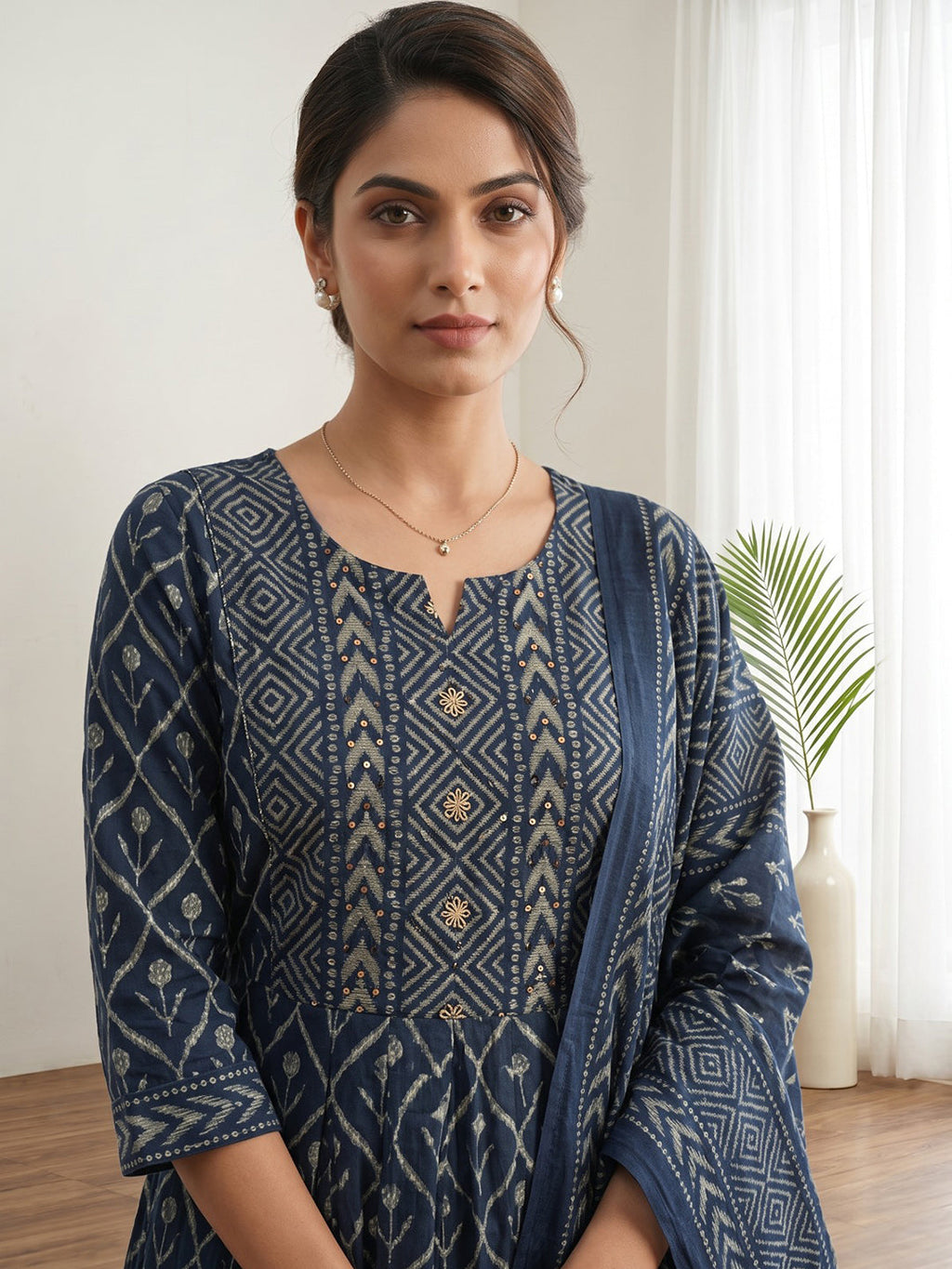 Blue Printed Cotton Blend Kurta With Pant & Dupatta