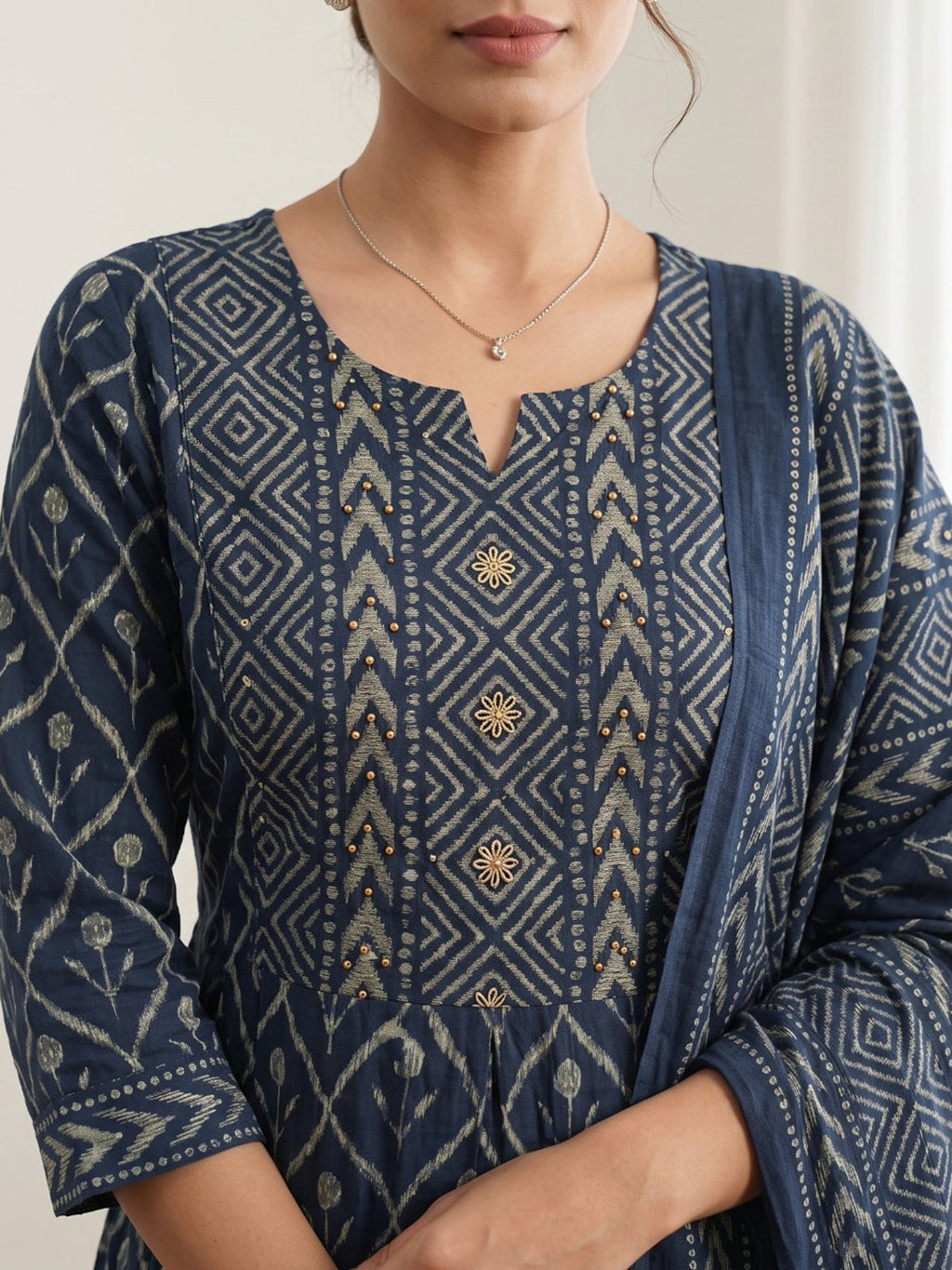 Blue Printed Cotton Blend Kurta With Pant & Dupatta