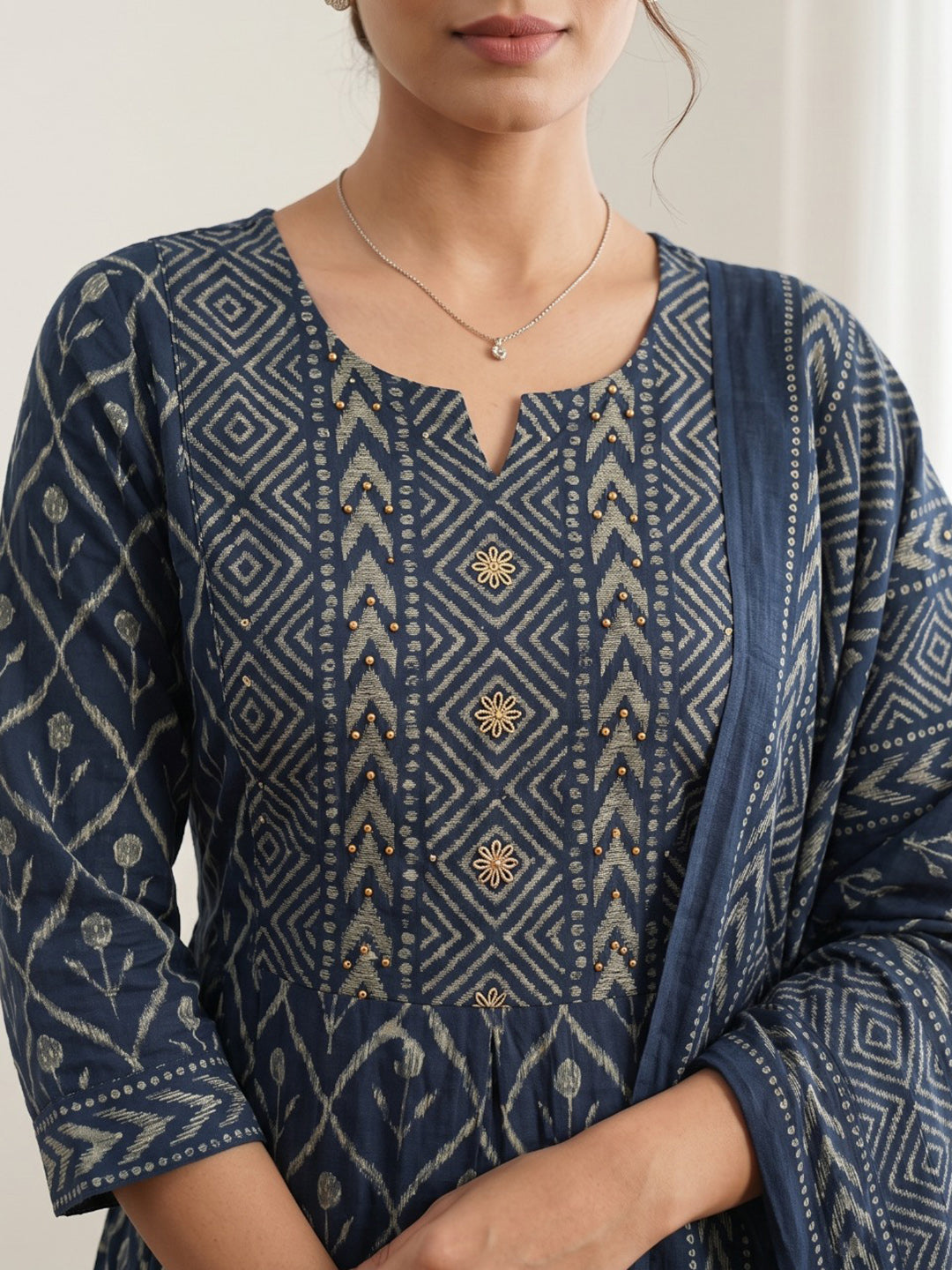 Blue Printed Cotton Blend Kurta With Pant & Dupatta