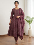 Wine Printed Cotton Blend Kurta With Pant & Dupatta