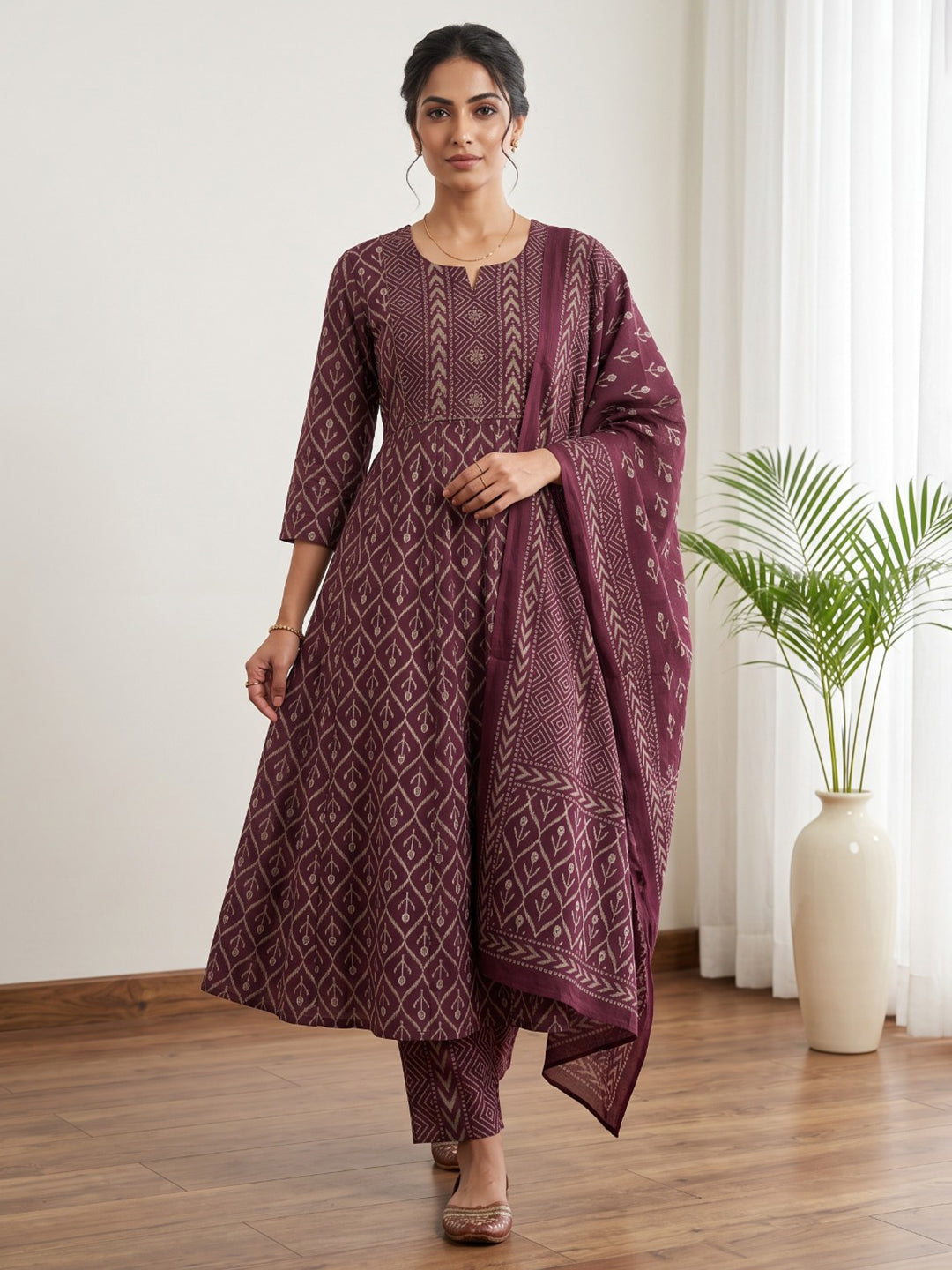 Wine Printed Cotton Blend Kurta With Pant & Dupatta