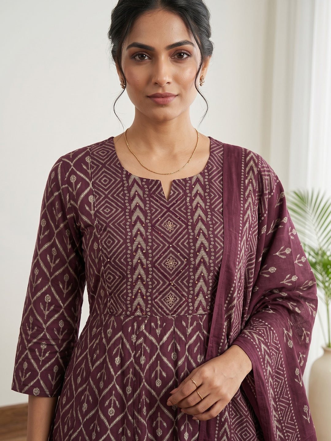 Wine Printed Cotton Blend Kurta With Pant & Dupatta
