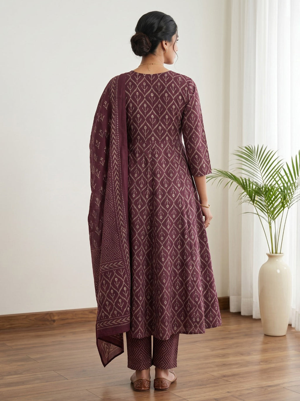 Wine Printed Cotton Blend Kurta With Pant & Dupatta