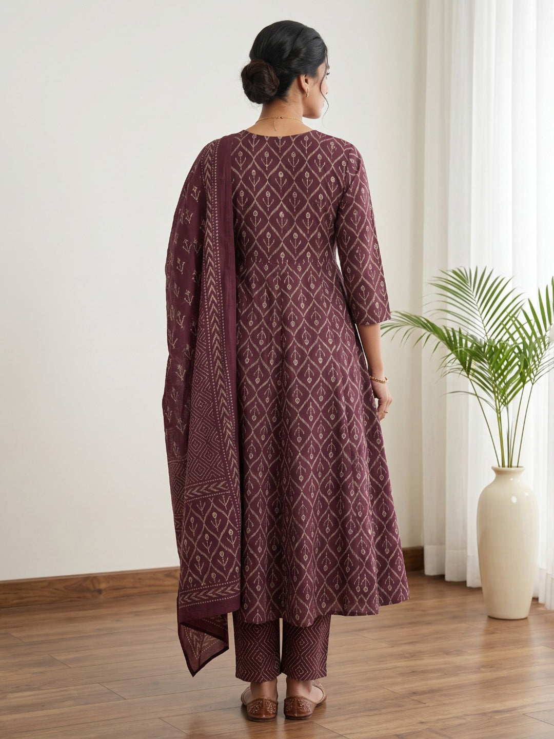Wine Printed Cotton Blend Kurta With Pant & Dupatta