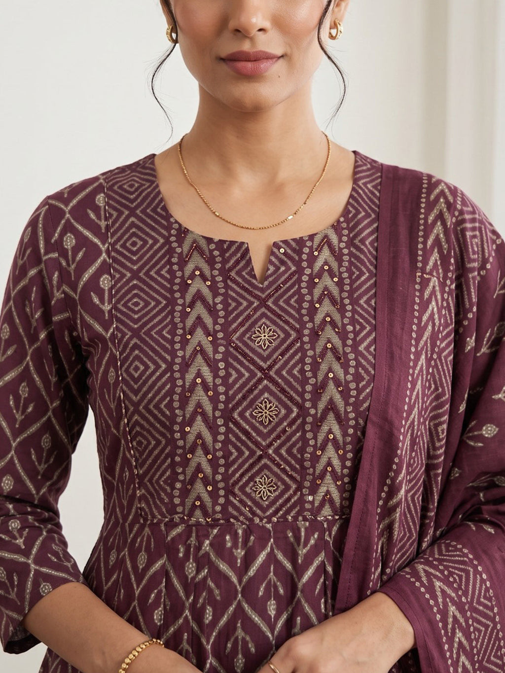 Wine Printed Cotton Blend Kurta With Pant & Dupatta