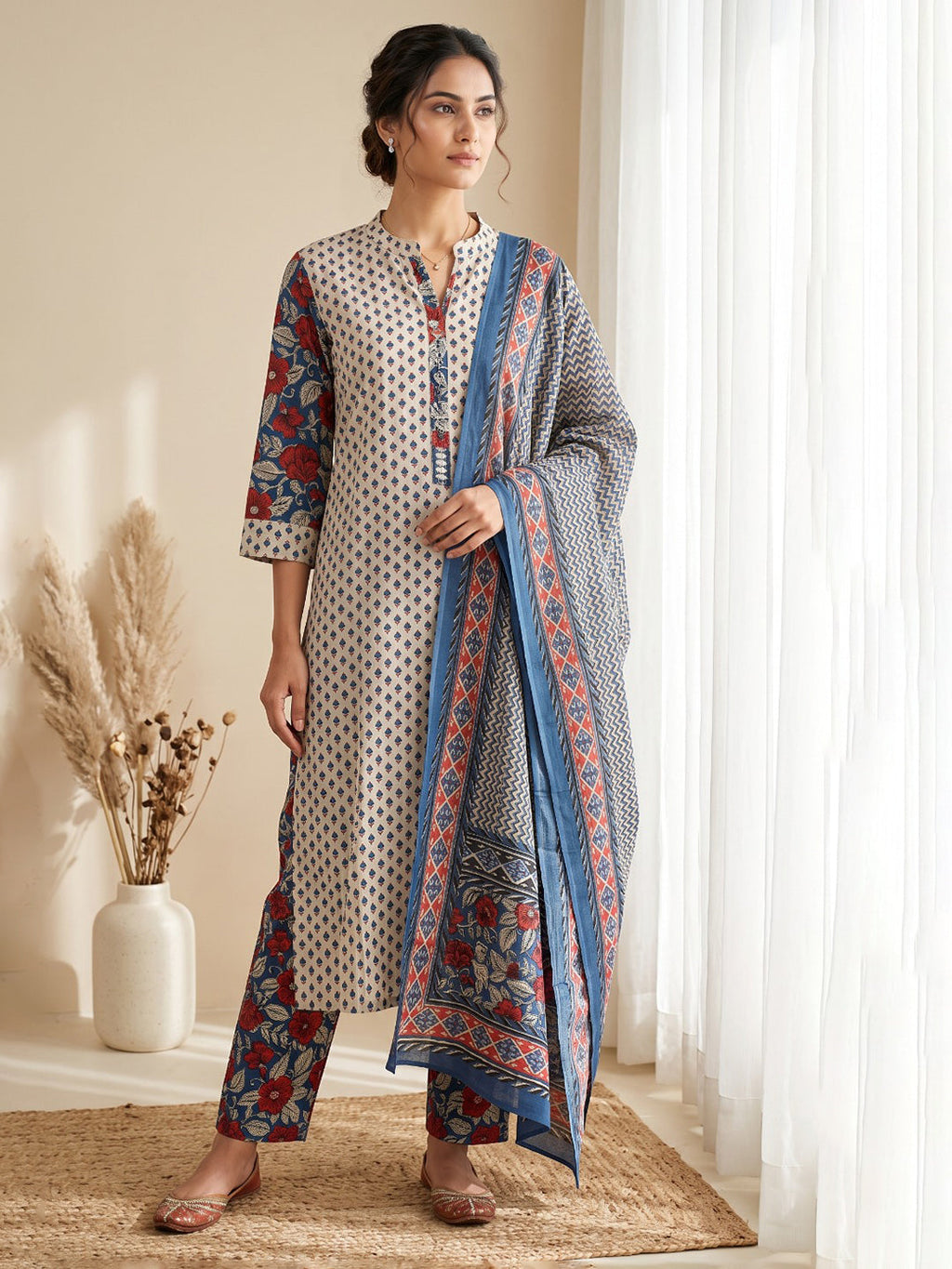 Blue Printed Cotton Blend Kurta With Pant & Dupatta