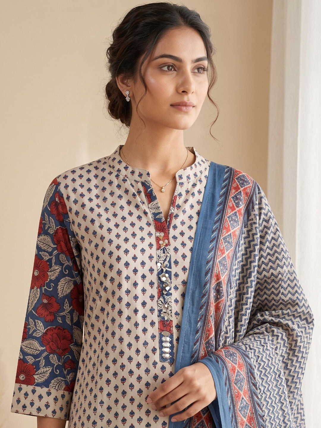 Blue Printed Cotton Blend Kurta With Pant & Dupatta
