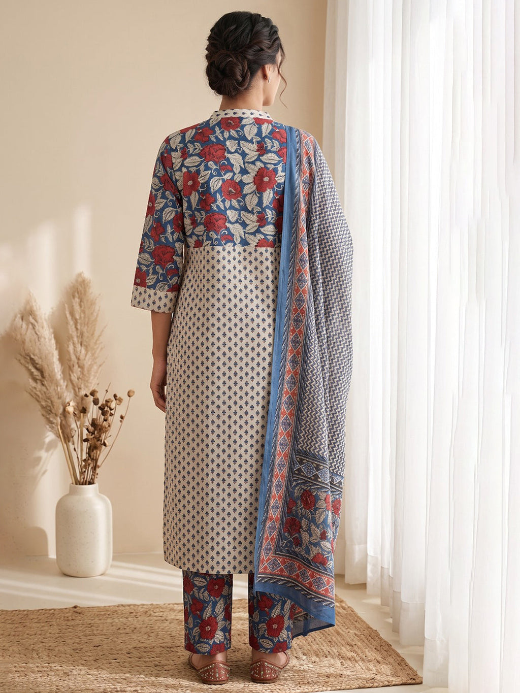 Blue Printed Cotton Blend Kurta With Pant & Dupatta