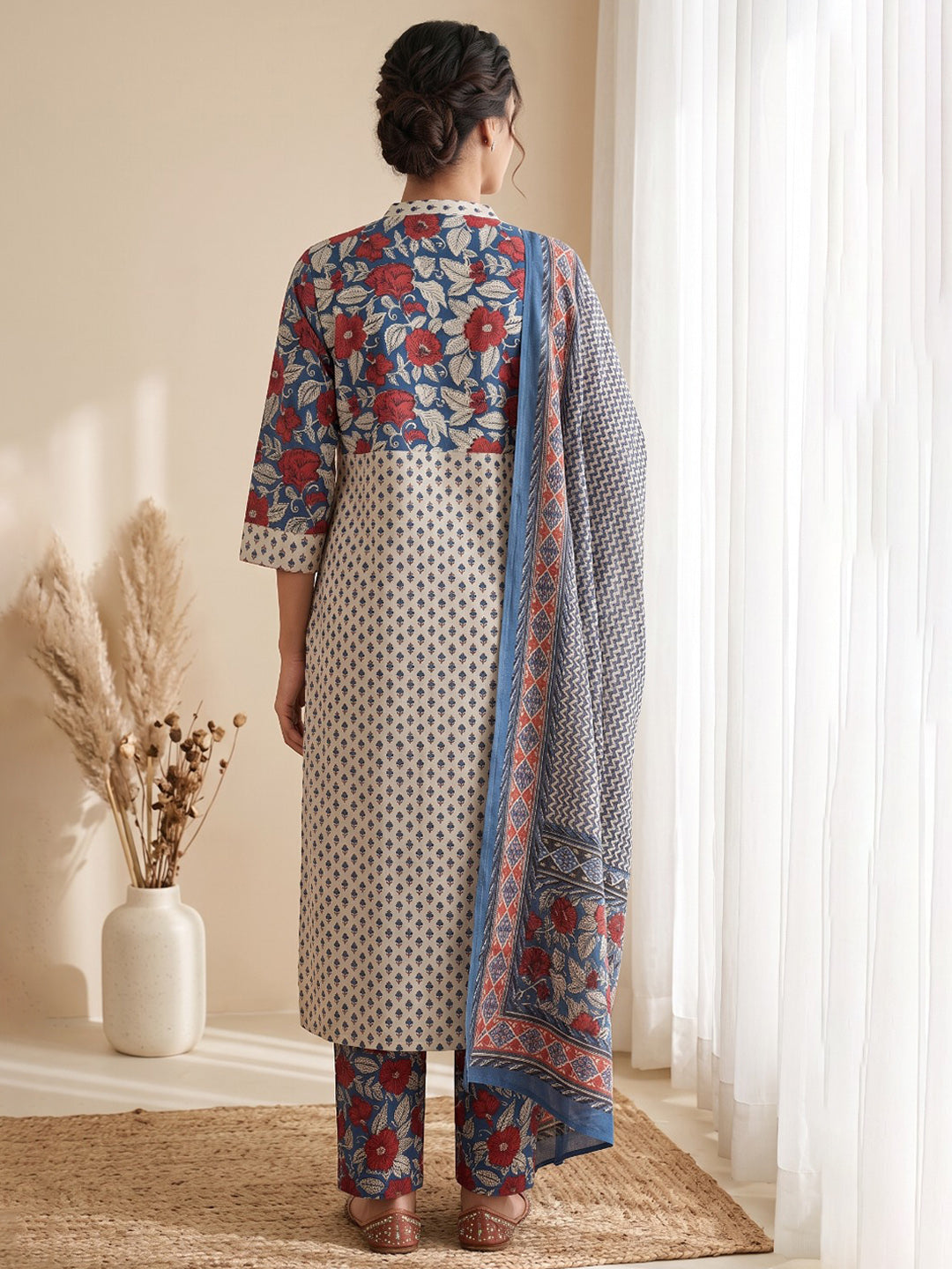 Blue Printed Cotton Blend Kurta With Pant & Dupatta