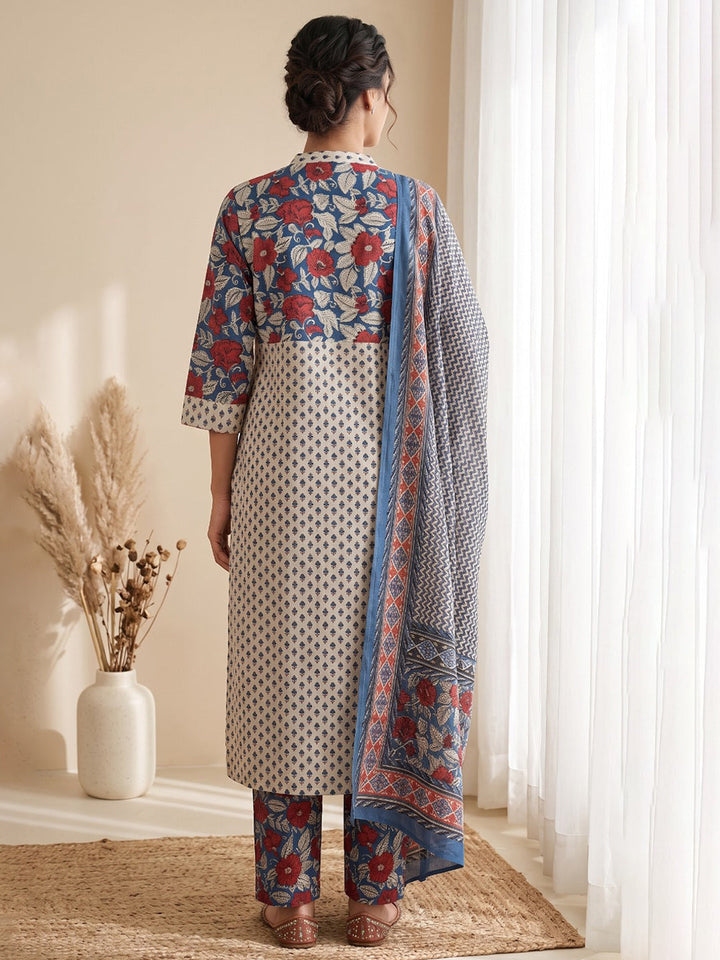 Blue Printed Cotton Blend Kurta With Pant &amp; Dupatta