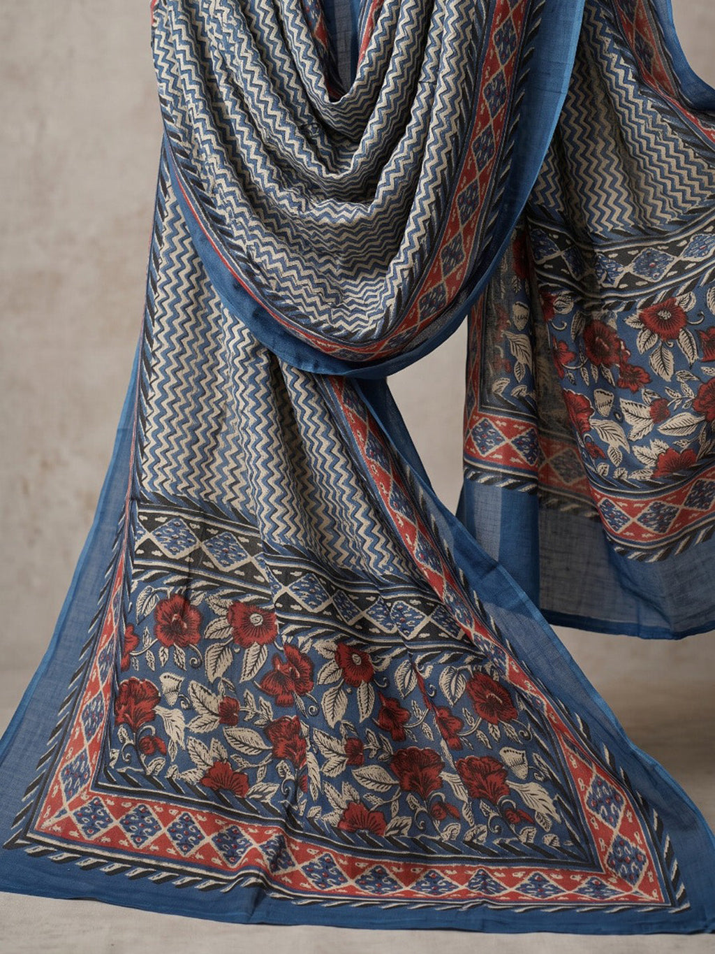 Blue Printed Cotton Blend Kurta With Pant & Dupatta