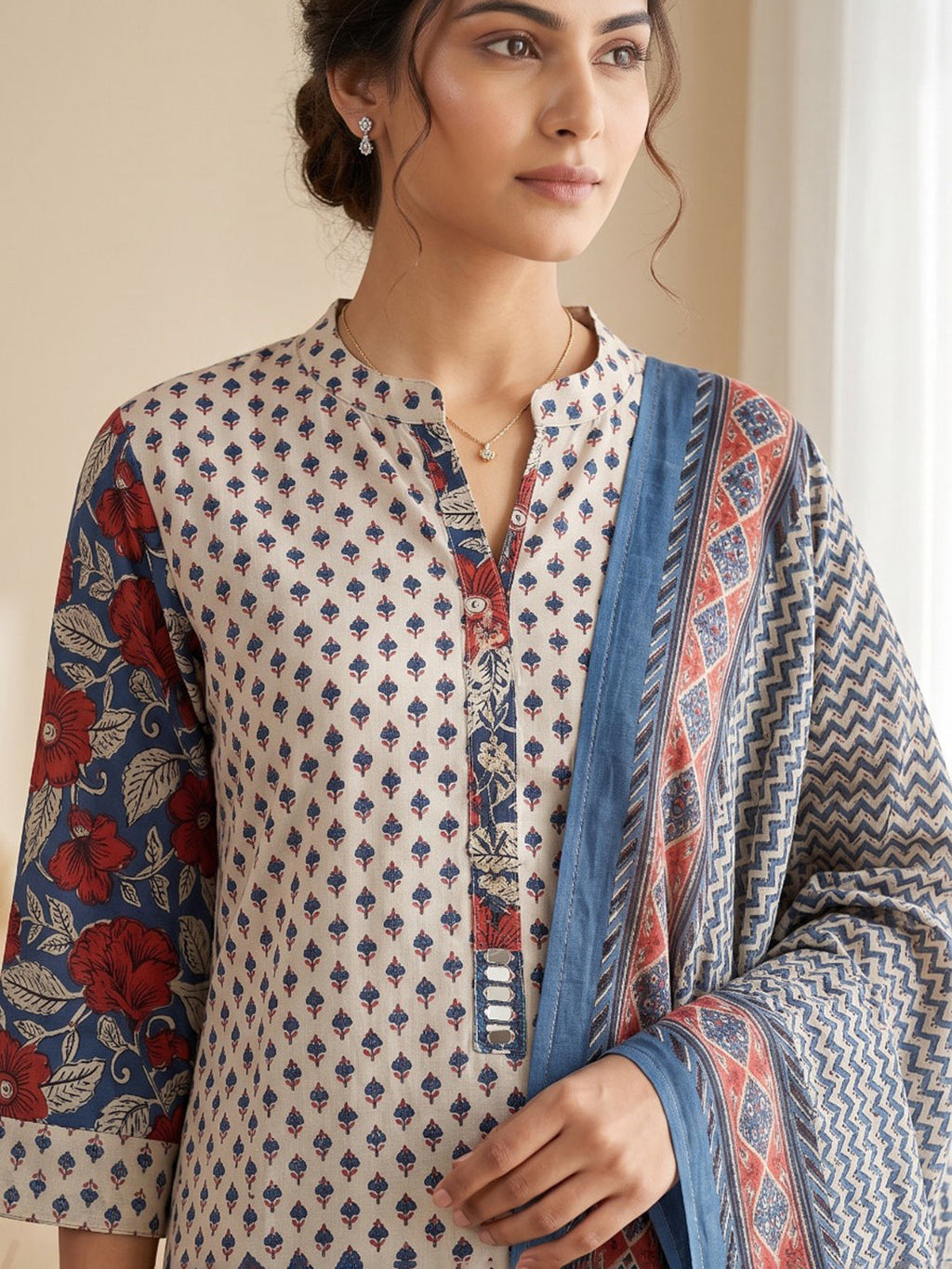 Blue Printed Cotton Blend Kurta With Pant & Dupatta