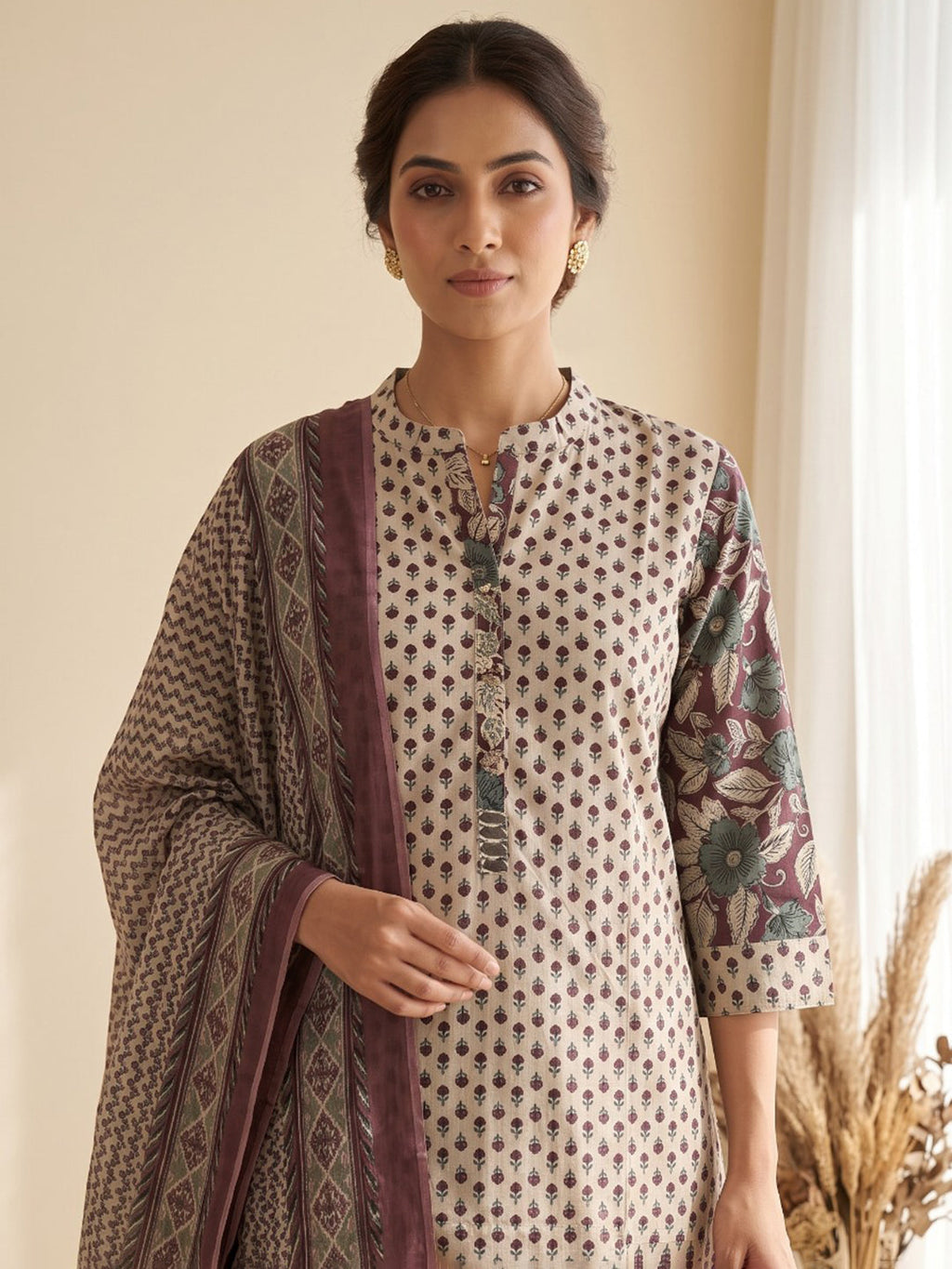 Brown Printed Cotton Blend Kurta With Pant & Dupatta
