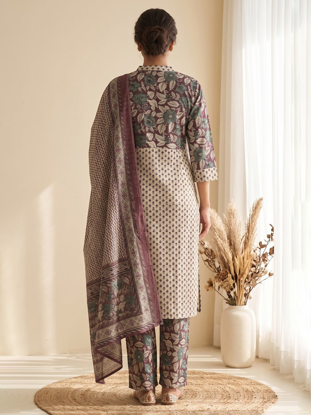 Brown Printed Cotton Blend Kurta With Pant & Dupatta