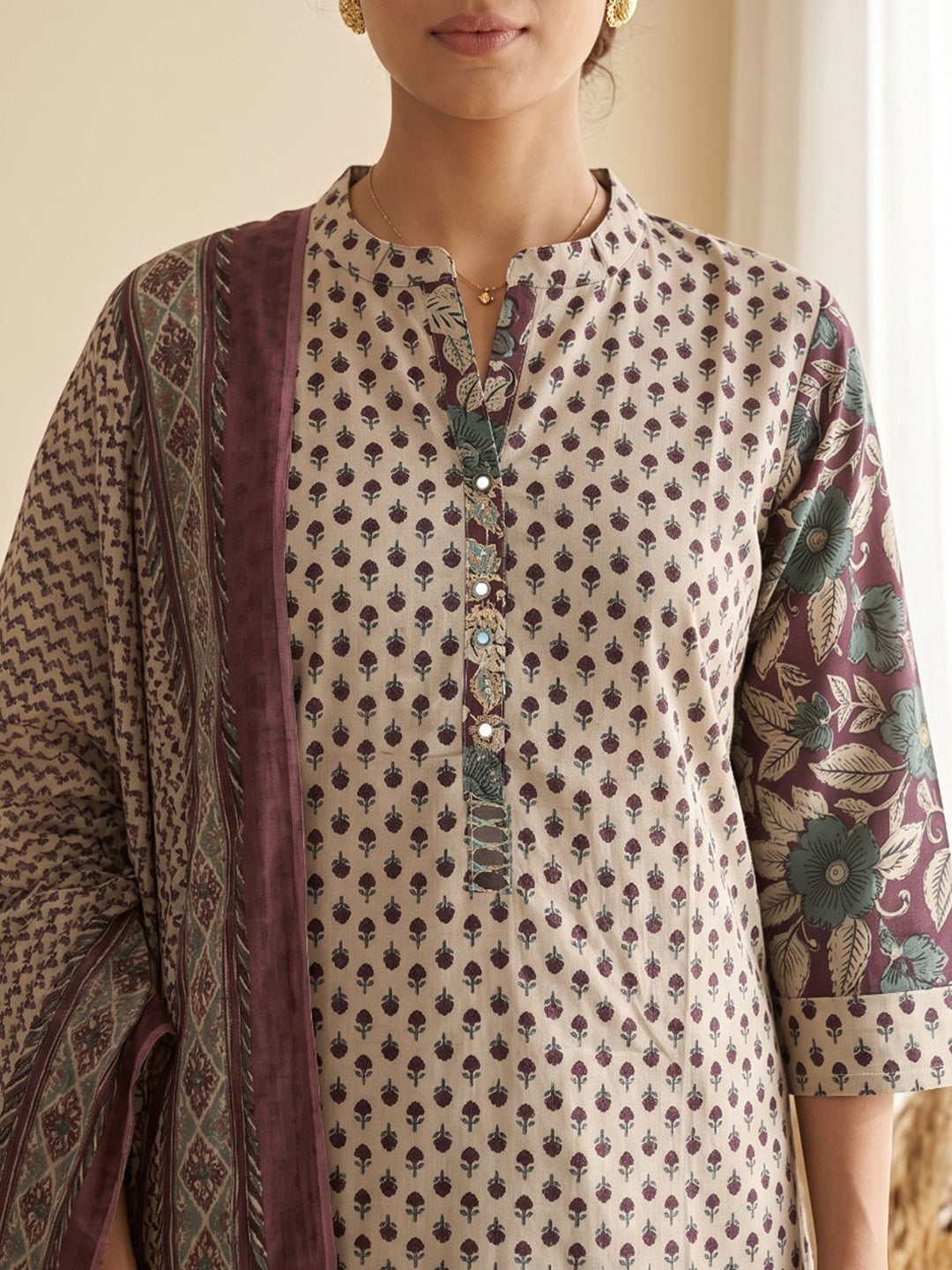 Brown Printed Cotton Blend Kurta With Pant & Dupatta