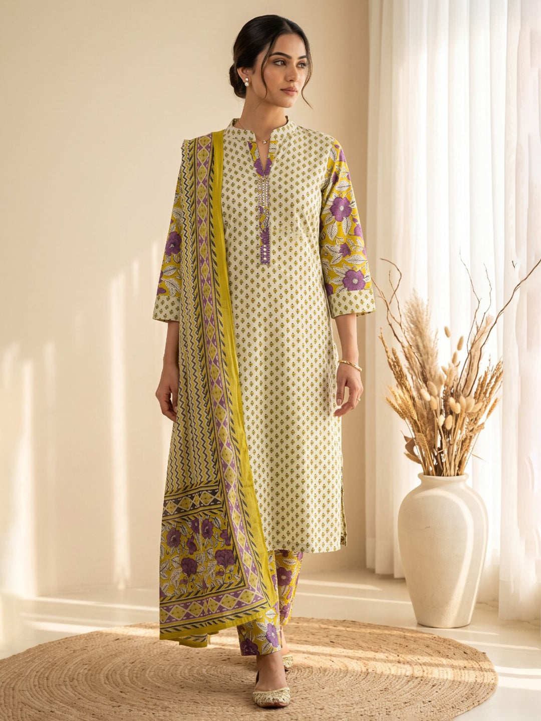 Mustard Printed Cotton Blend Kurta With Pant & Dupatta