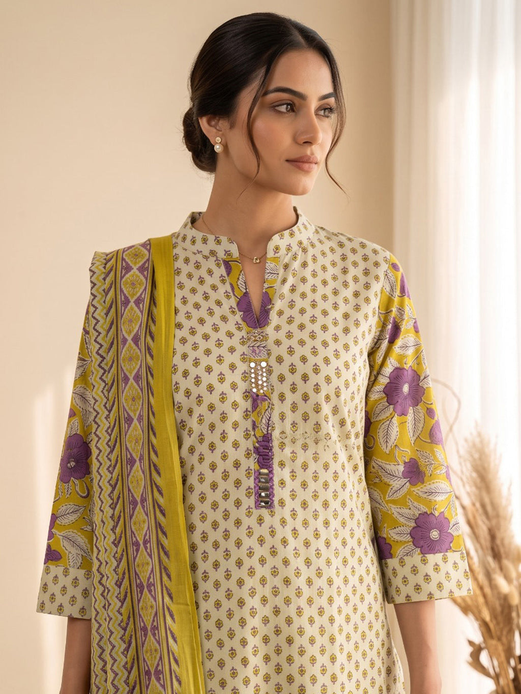 Mustard Printed Cotton Blend Kurta With Pant & Dupatta