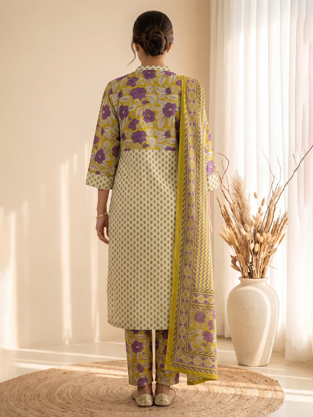 Mustard Printed Cotton Blend Kurta With Pant & Dupatta