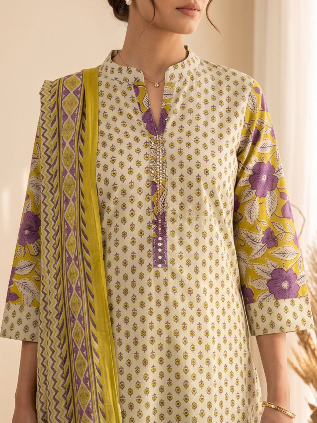 Mustard Printed Cotton Blend Kurta With Pant & Dupatta