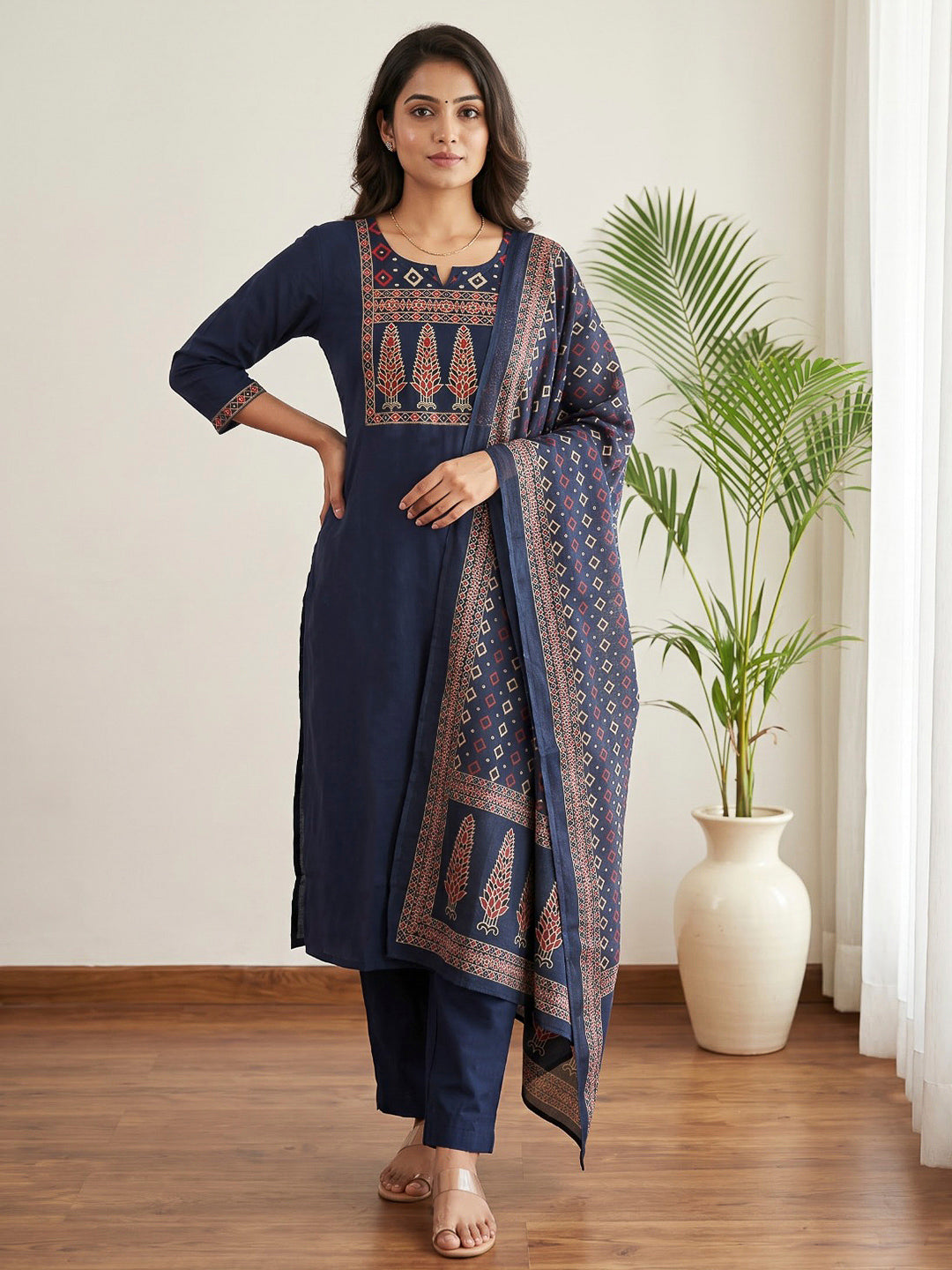 Blue Printed Cotton Blend Kurta With Pant &amp; Dupatta