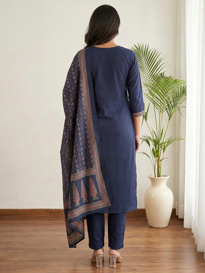 Blue Printed Cotton Blend Kurta With Pant &amp; Dupatta