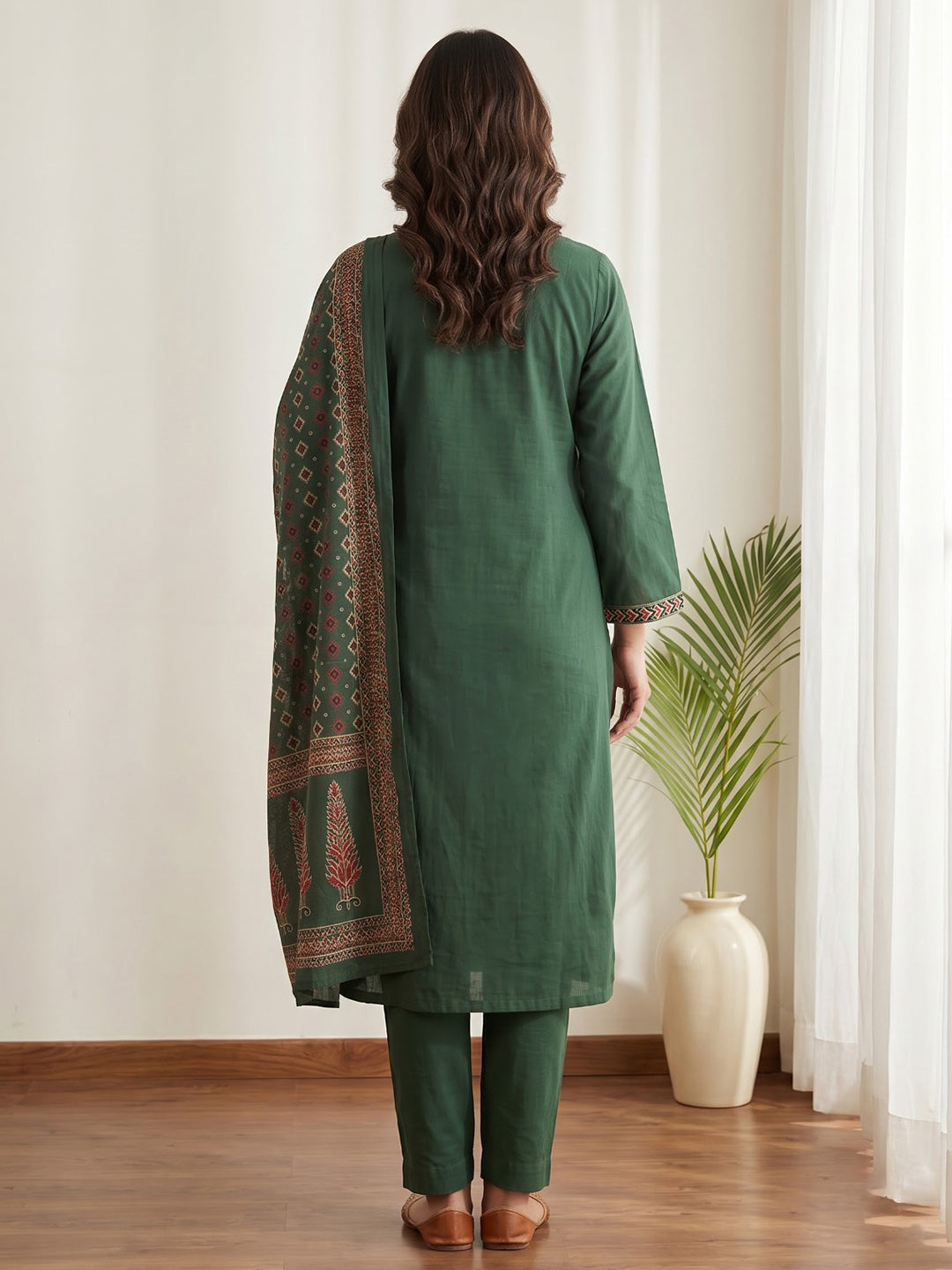 Green Printed Cotton Blend Kurta With Pant &amp; Dupatta