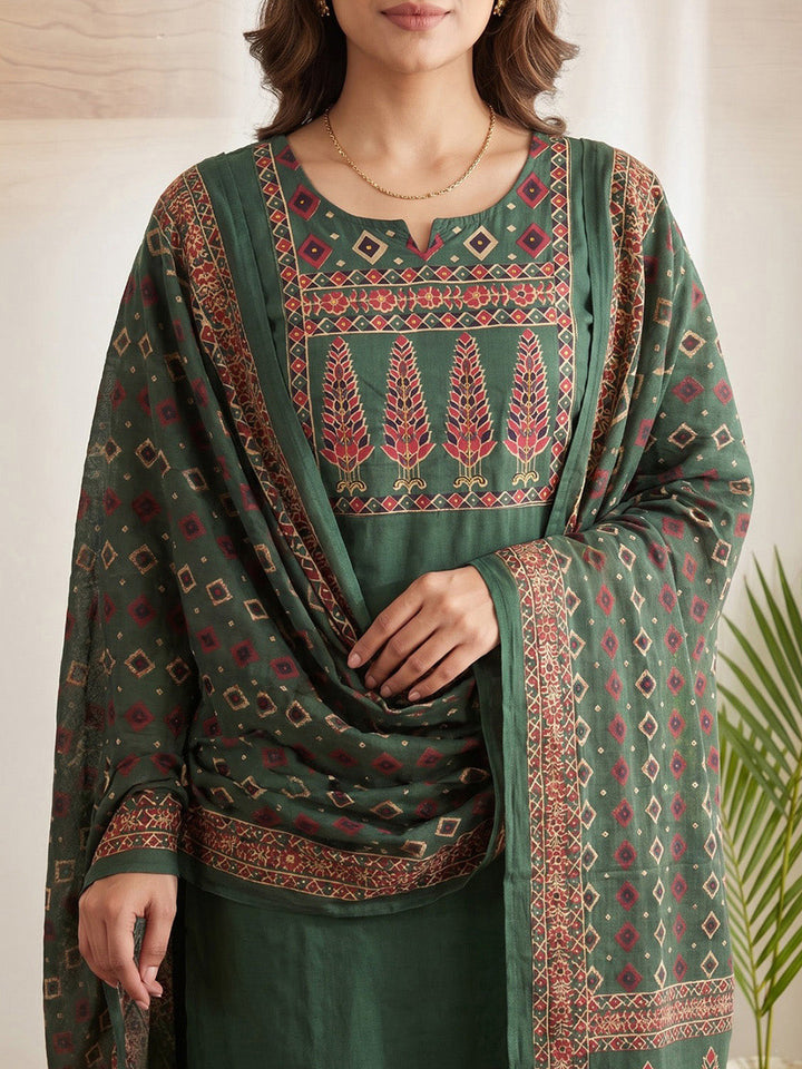 Green Printed Cotton Blend Kurta With Pant &amp; Dupatta