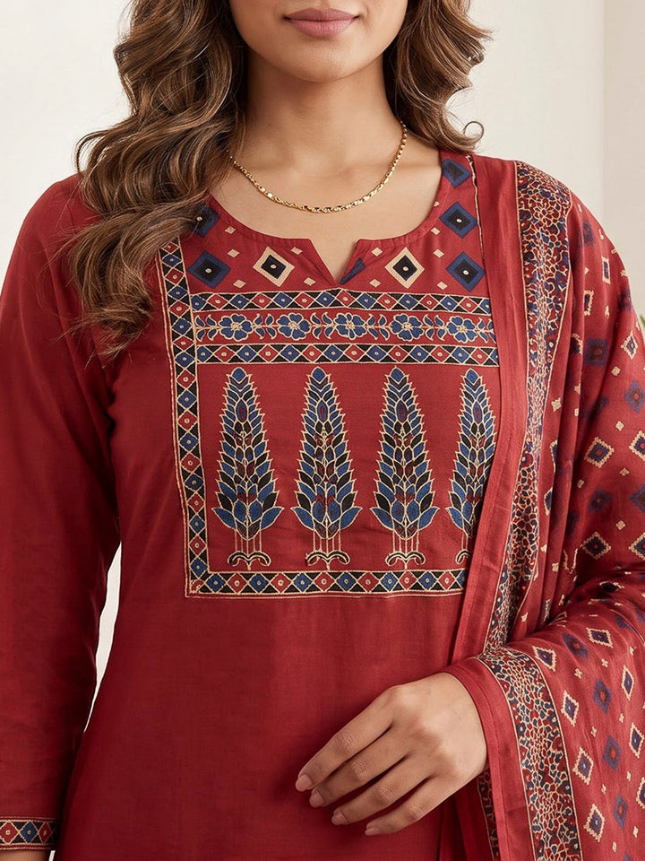 Red Printed Cotton Blend Kurta With Pant &amp; Dupatta