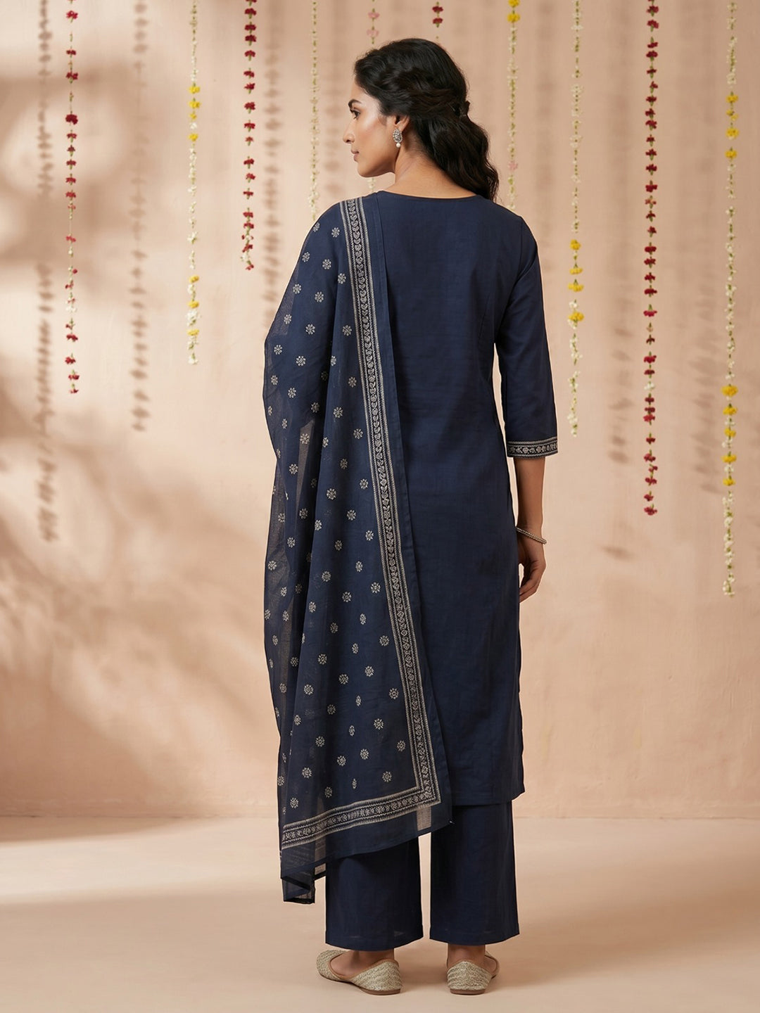Blue Printed Cotton Blend Round Neck Suit Set