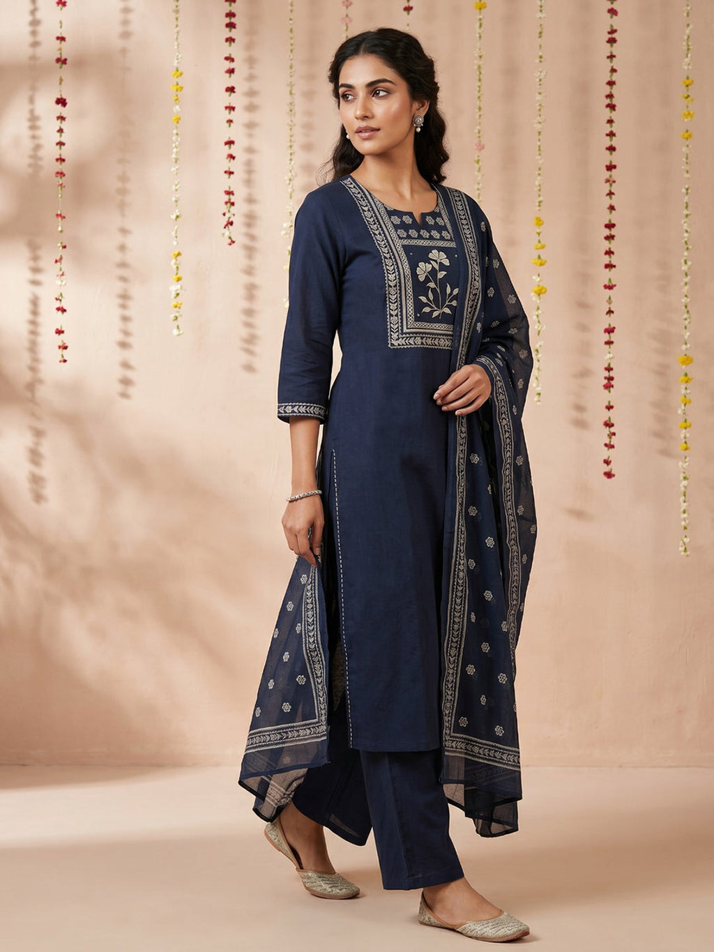 Blue Printed Cotton Blend Round Neck Suit Set