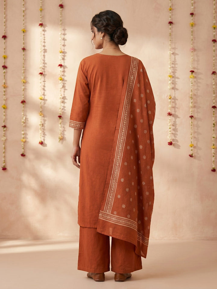 Rust Printed Cotton Blend Round Neck Suit Set
