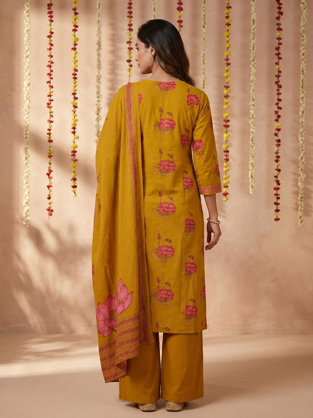 Mustard Embroidered Cotton Blend Round Neck Suit Set