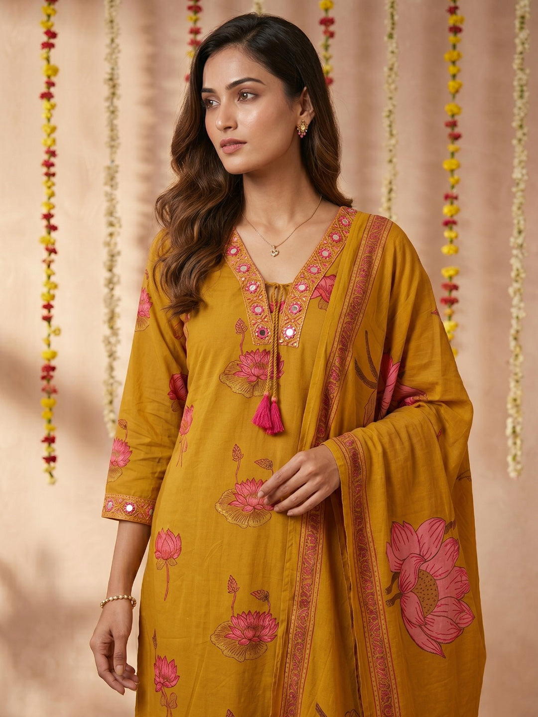 Mustard Embroidered Cotton Blend Round Neck Suit Set