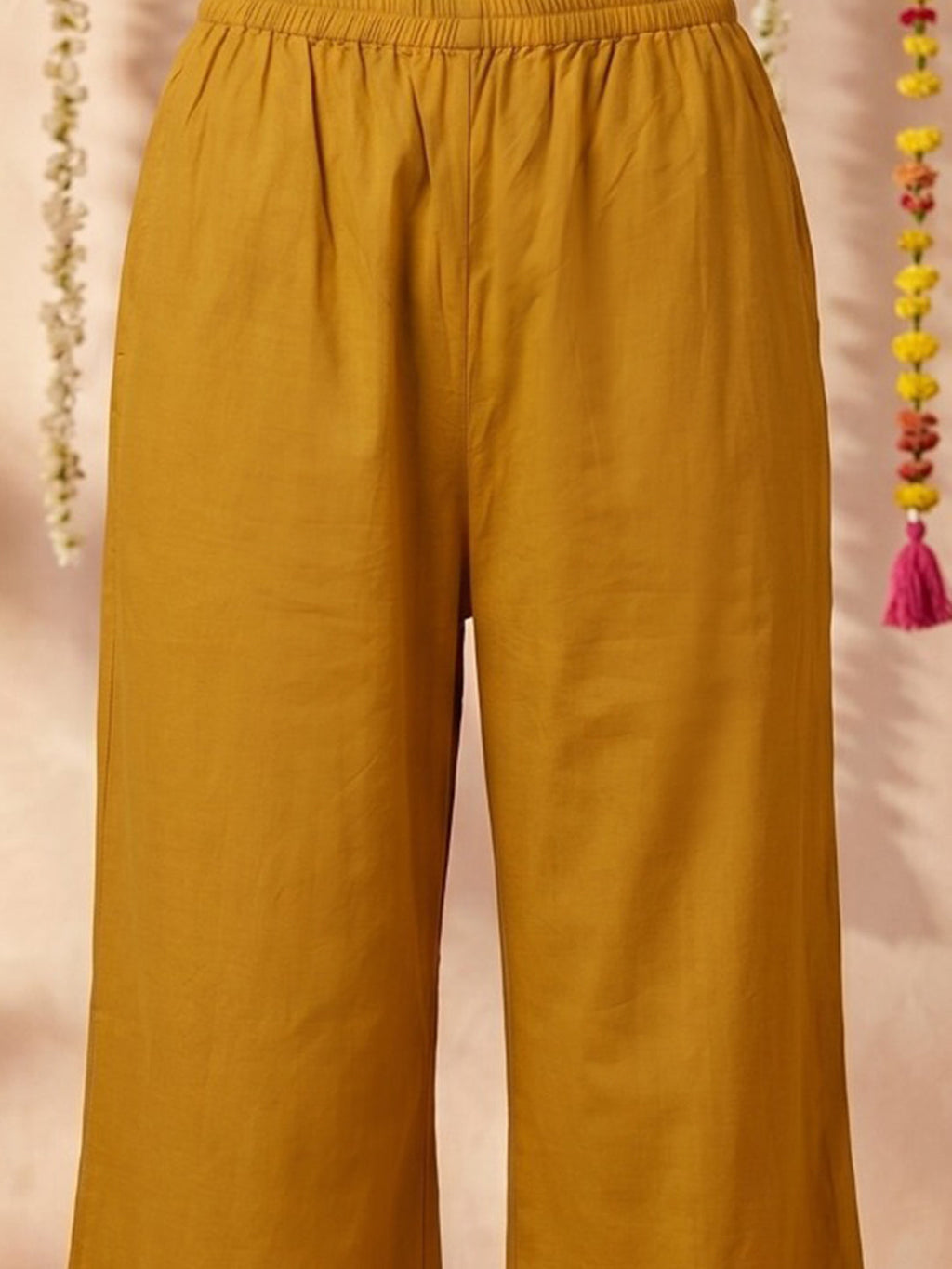 Mustard Embroidered Cotton Blend Round Neck Suit Set