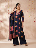 Navy Blue Embroidered Cotton Blend Round Neck Suit Set