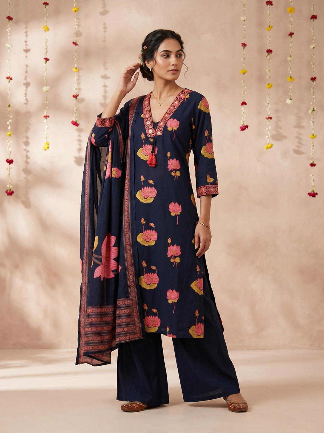 Navy Blue Embroidered Cotton Blend Round Neck Suit Set