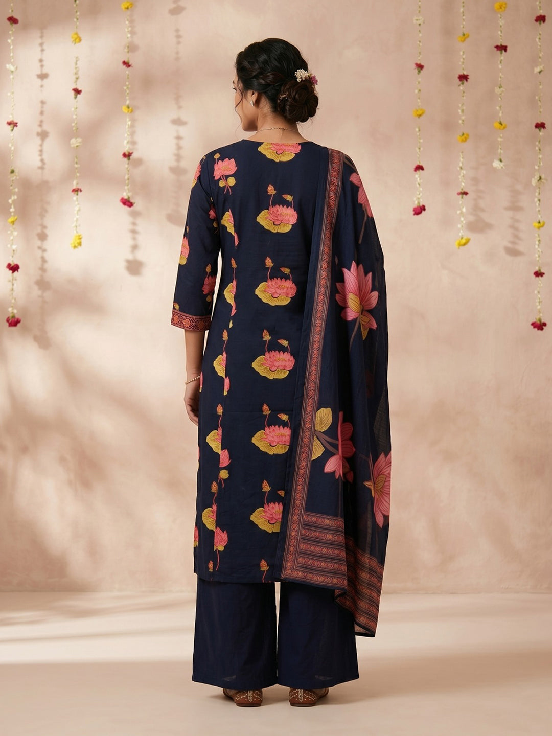 Navy Blue Embroidered Cotton Blend Round Neck Suit Set