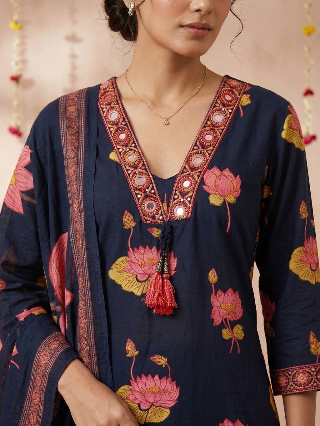 Navy Blue Embroidered Cotton Blend Round Neck Suit Set