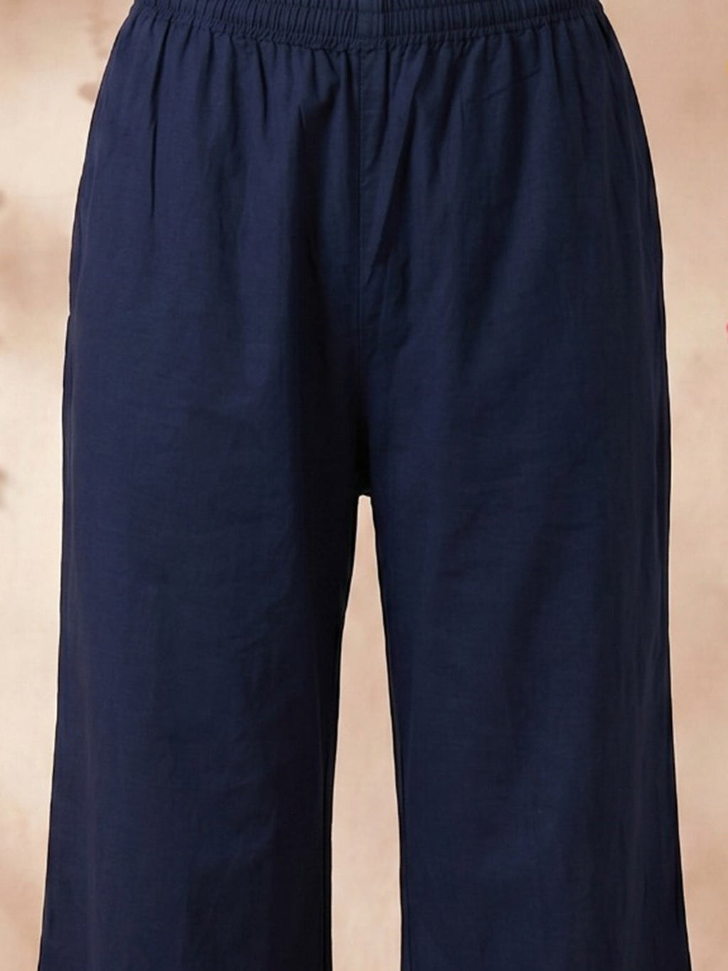 Navy Blue Embroidered Cotton Blend Round Neck Suit Set
