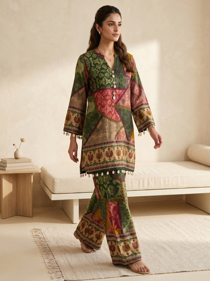 Mustard Embroidered Cotton Blend Round Neck Straight Kurta With Pant