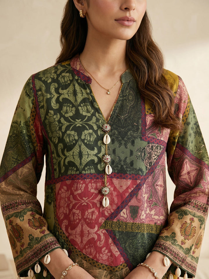 Mustard Embroidered Cotton Blend Round Neck Straight Kurta With Pant