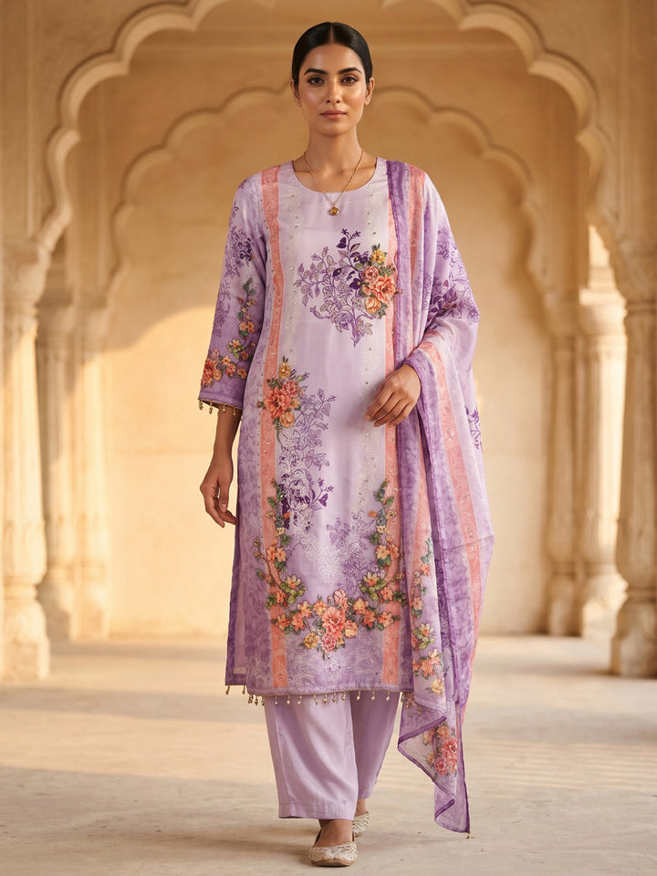 Purple Printed Crepe Round Neck Kurta &amp; Pant With Crepe Dupatta