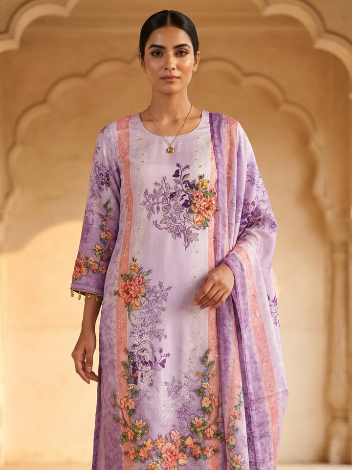 Purple Printed Crepe Round Neck Kurta &amp; Pant With Crepe Dupatta