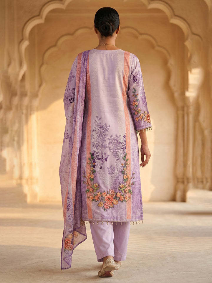 Purple Printed Crepe Round Neck Kurta &amp; Pant With Crepe Dupatta