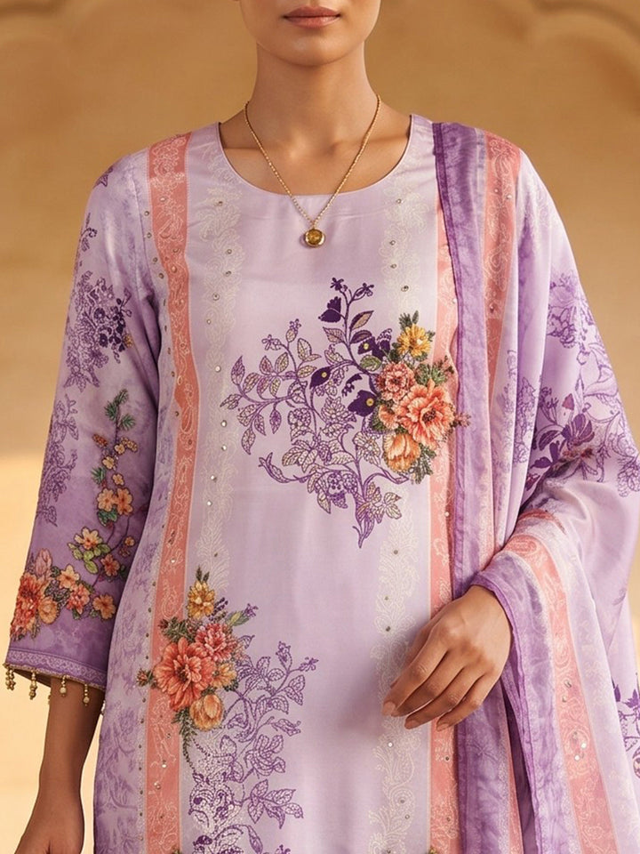 Purple Printed Crepe Round Neck Kurta &amp; Pant With Crepe Dupatta