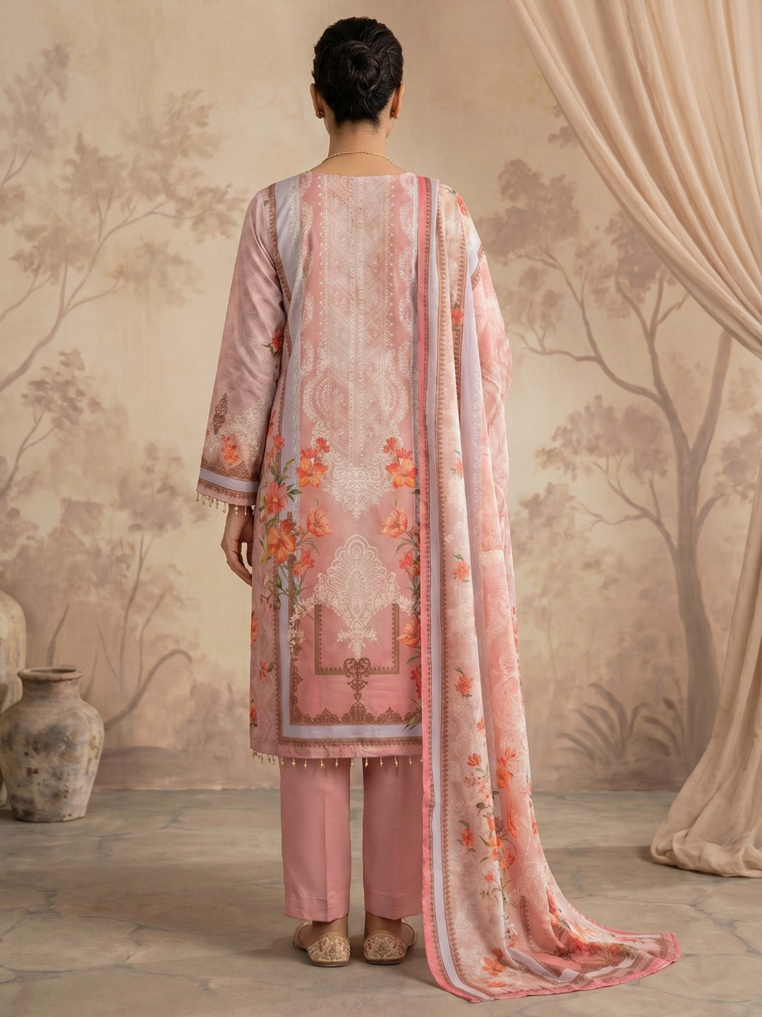 Red Printed Crepe Round Neck Kurta &amp; Pant With Crepe Dupatta