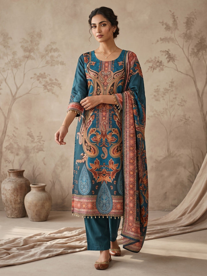 Blue Printed Crepe Round Neck Kurta &amp; Pant With Crepe Dupatta